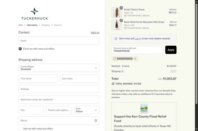 Tuckernuck checkout page showing Tuckernuck promo code box | Screenshot taken by SimplyCodes community member on Sep 4, 2025