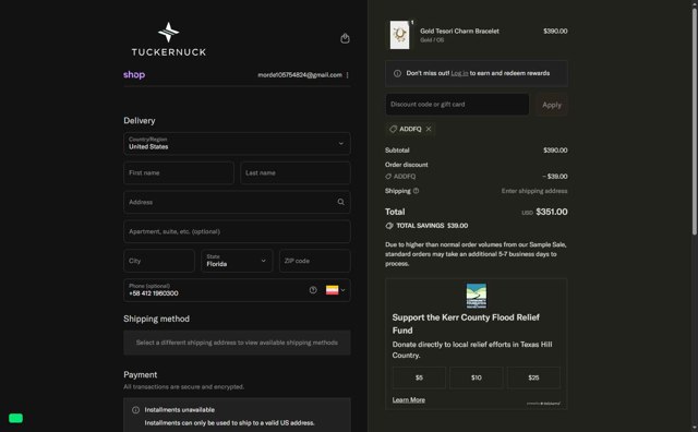 Tuckernuck checkout page showing Tuckernuck promo code box | Screenshot taken by SimplyCodes community member on Sep 4, 2025