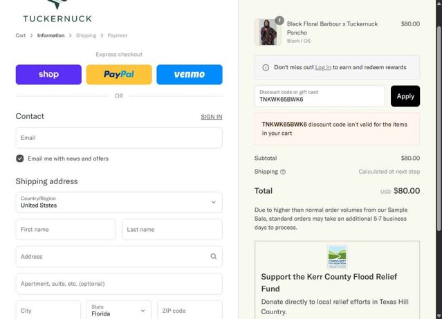 Tuckernuck checkout page showing Tuckernuck promo code box | Screenshot taken by SimplyCodes community member on Sep 4, 2025