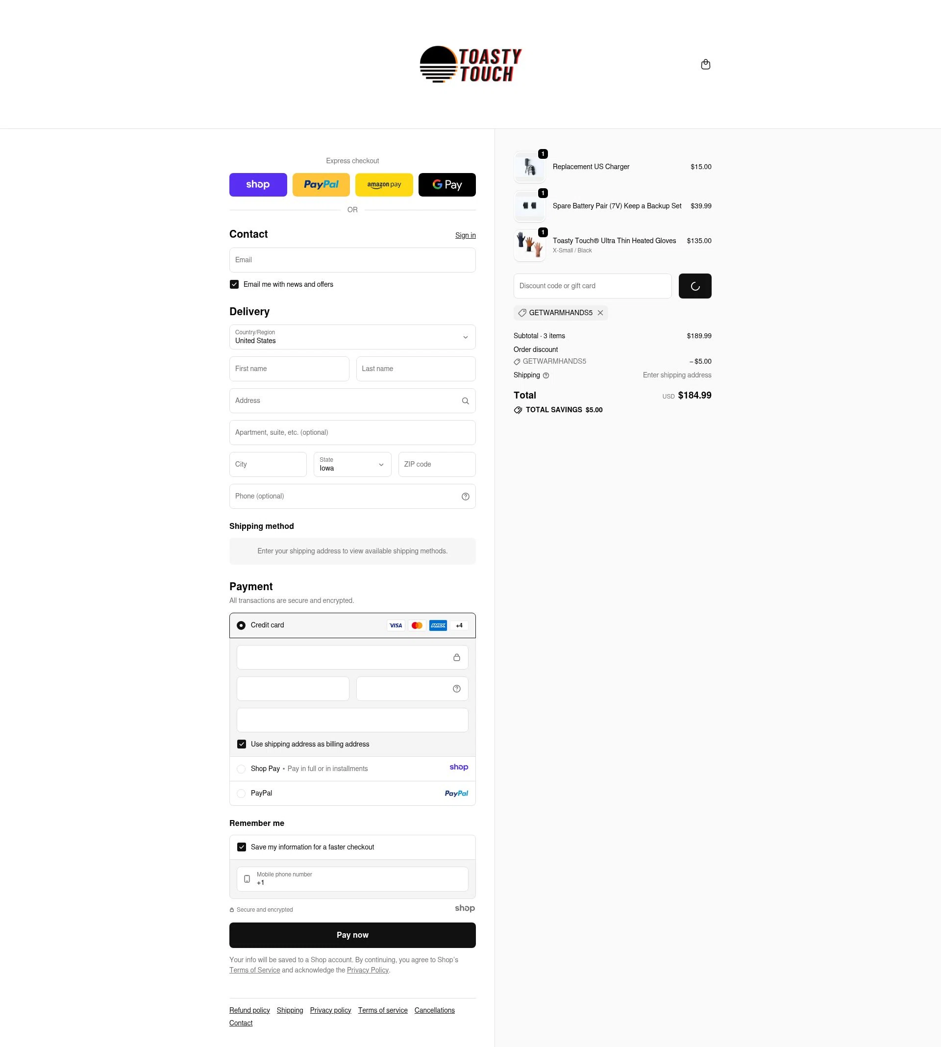 Toasty Touch checkout page showing Toasty Touch discount code box | Screenshot taken by SimplyCodes community member on Dec 24, 2025