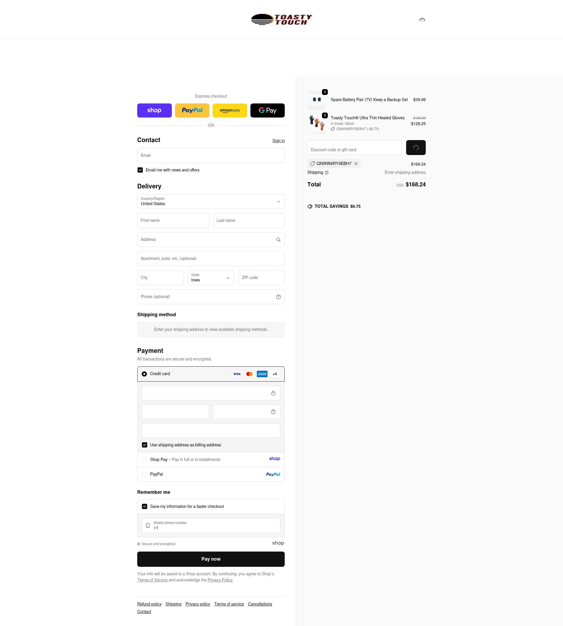 Toasty Touch checkout page showing Toasty Touch discount code box | Screenshot taken by SimplyCodes community member on Dec 18, 2025