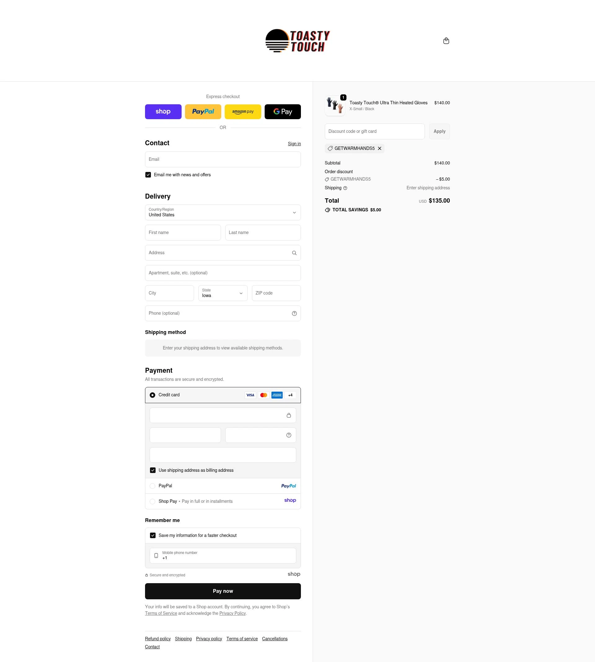 Toasty Touch checkout page showing Toasty Touch discount code box | Screenshot taken by SimplyCodes community member on Dec 11, 2025