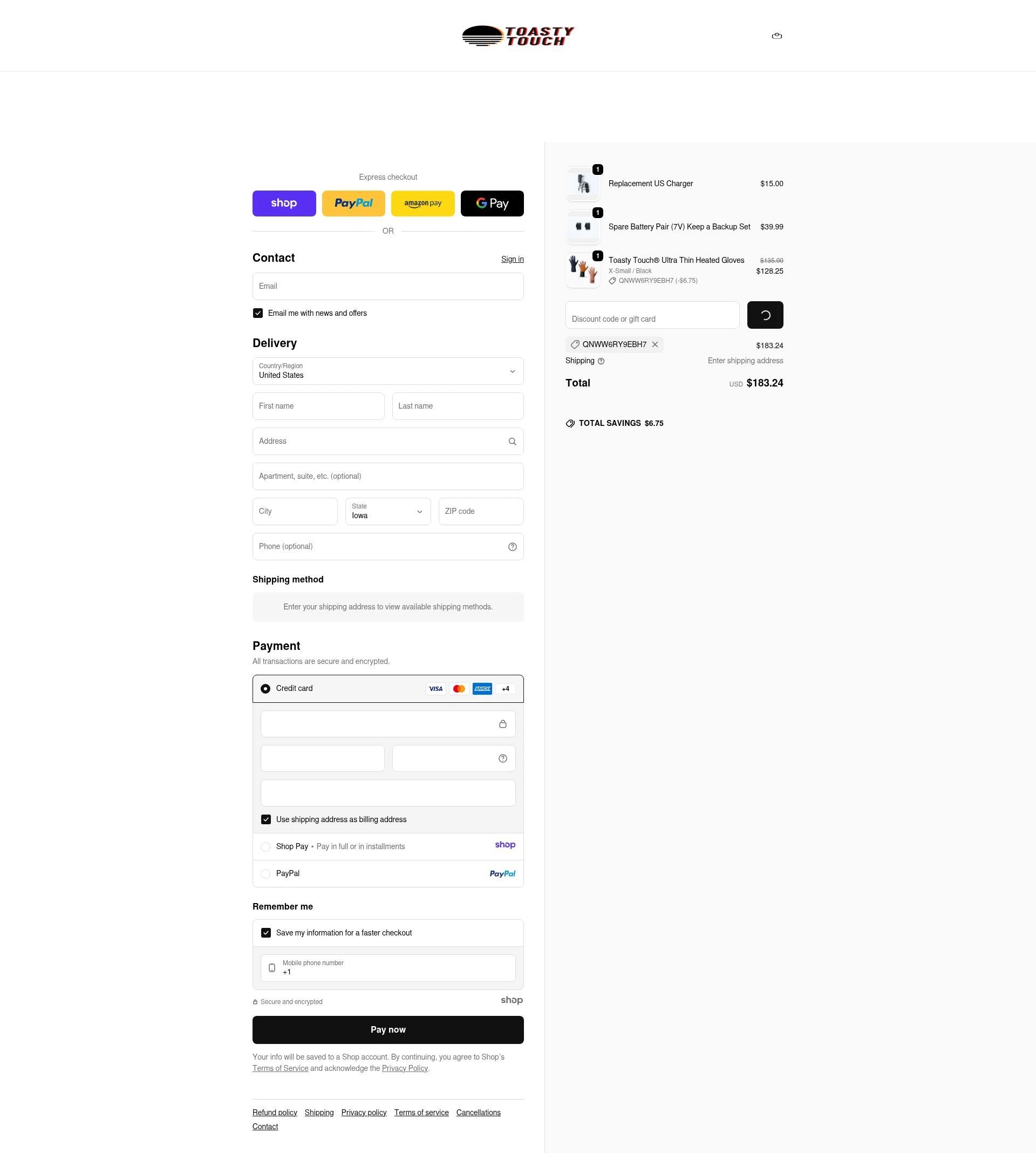 Toasty Touch checkout page showing Toasty Touch discount code box | Screenshot taken by SimplyCodes community member on Dec 24, 2025