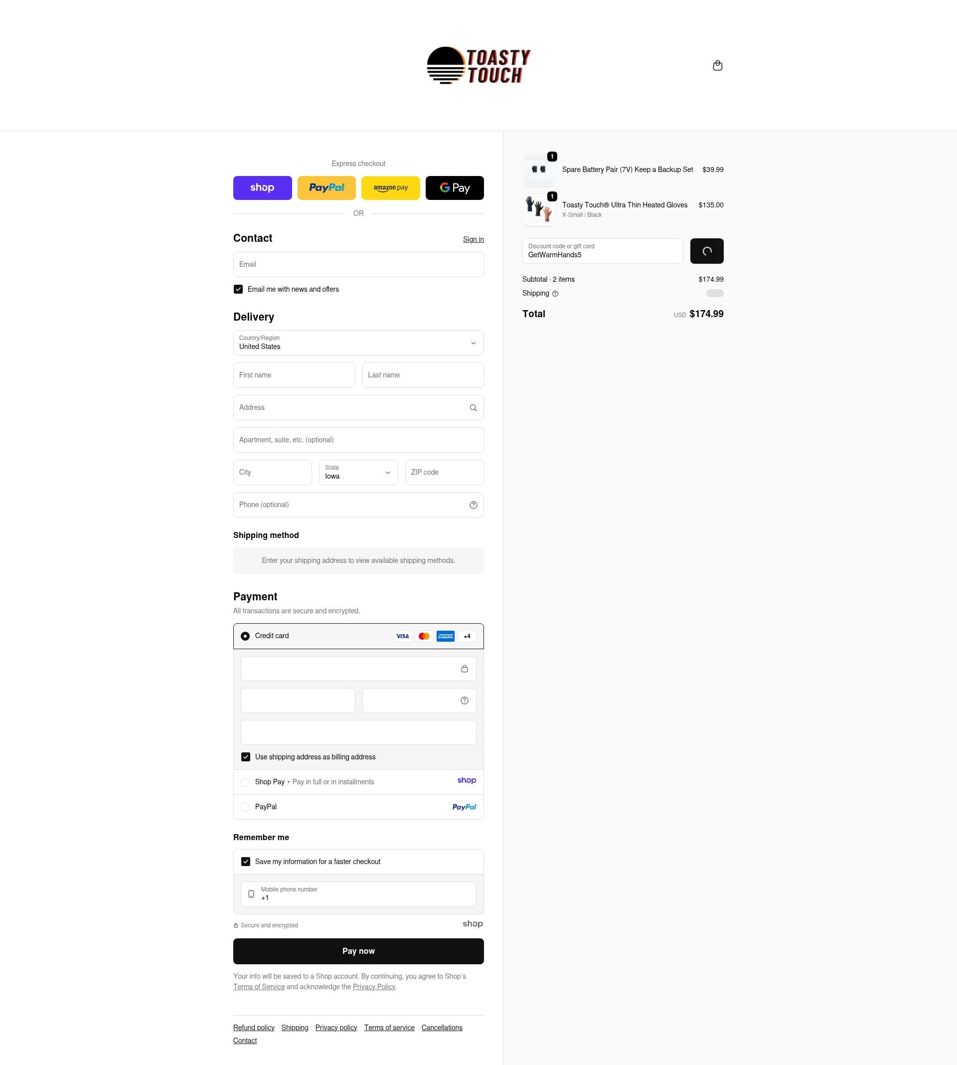 Toasty Touch checkout page showing Toasty Touch discount code box | Screenshot taken by SimplyCodes community member on Dec 18, 2025