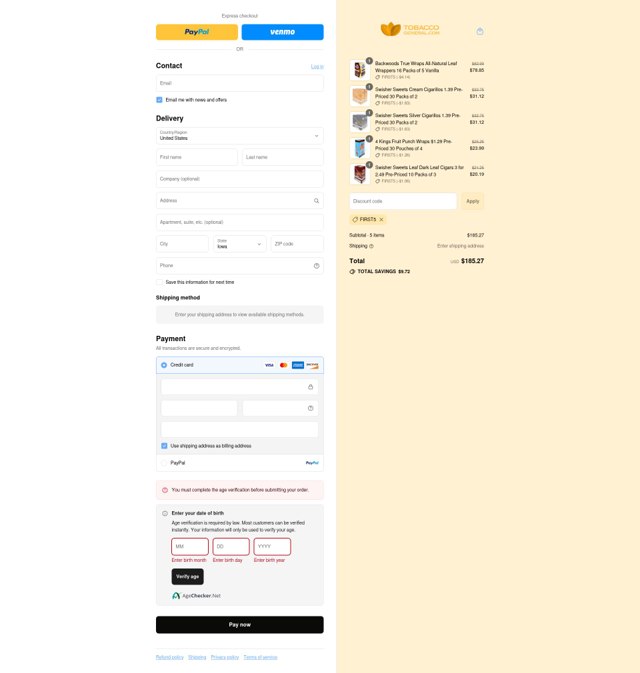 Tobacco General checkout page showing Tobacco General coupon code box | Screenshot taken by SimplyCodes community member on Aug 30, 2025