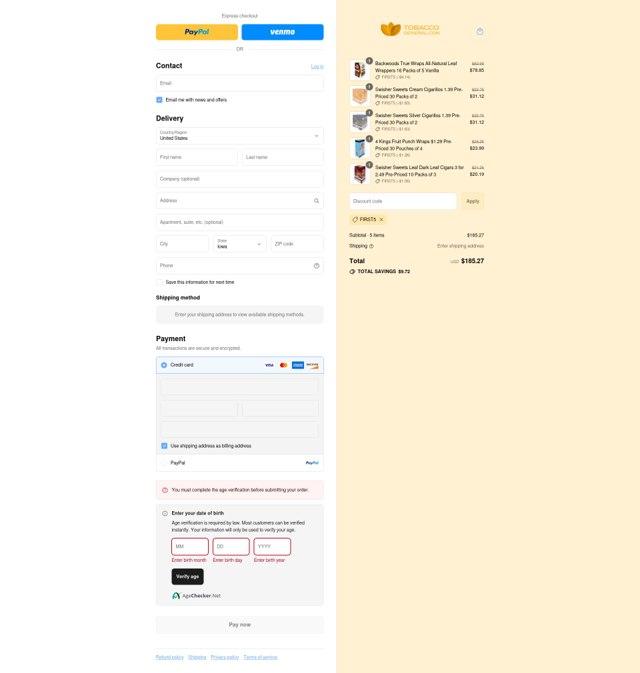 Tobacco General checkout page showing Tobacco General coupon code box | Screenshot taken by SimplyCodes community member on Sep 3, 2025