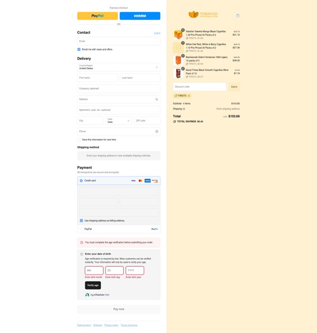 Tobacco General checkout page showing Tobacco General coupon code box | Screenshot taken by SimplyCodes community member on Aug 12, 2025