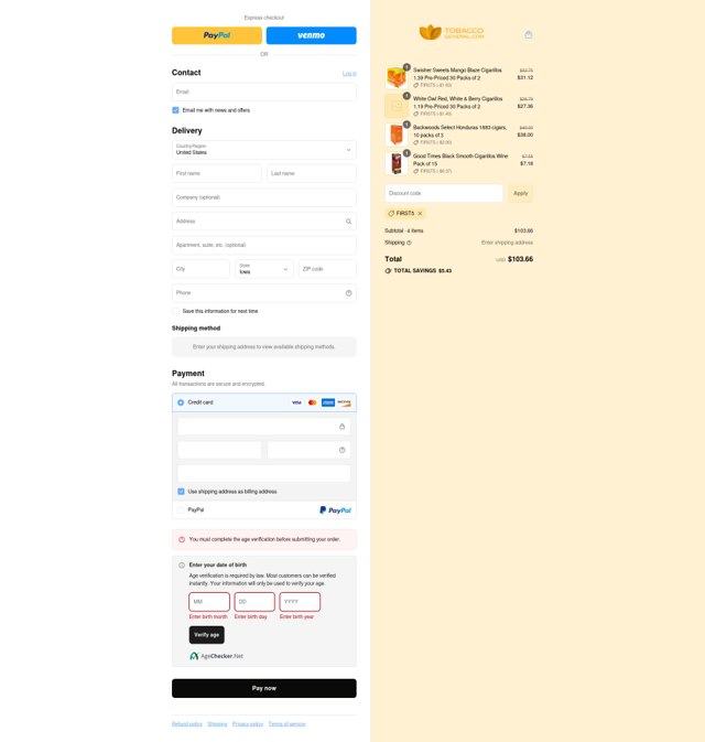 Tobacco General checkout page showing Tobacco General coupon code box | Screenshot taken by SimplyCodes community member on Aug 4, 2025