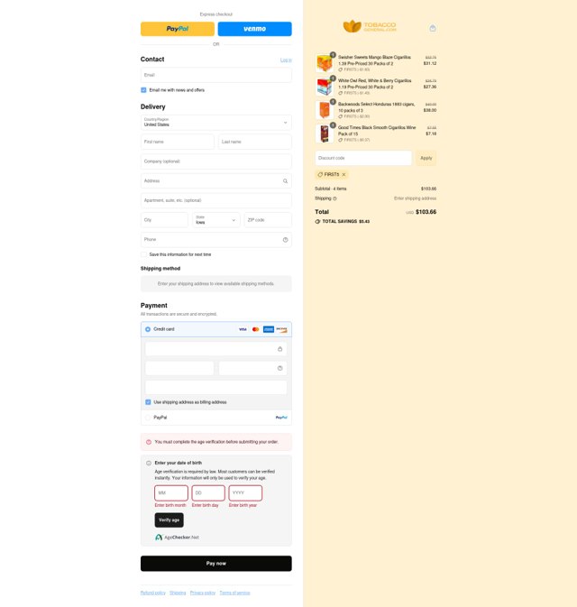 Tobacco General checkout page showing Tobacco General coupon code box | Screenshot taken by SimplyCodes community member on Aug 26, 2025