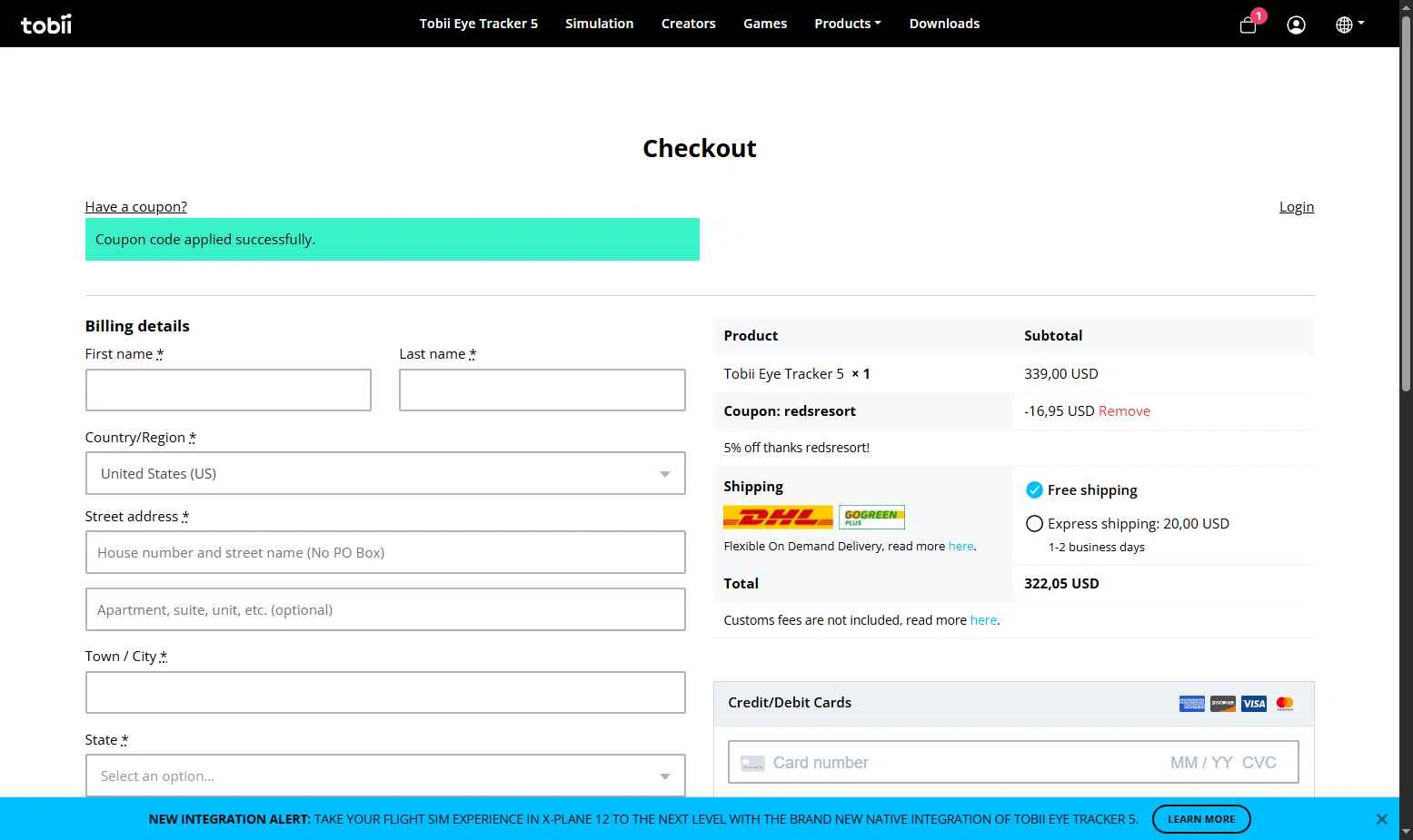 Tobii Gaming checkout page showing Tobii Gaming promo code box | Screenshot taken by SimplyCodes community member on Feb 13, 2026