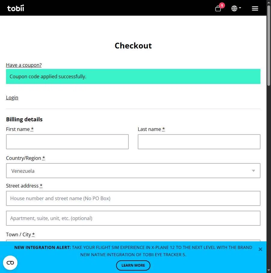 Tobii Gaming checkout page showing Tobii Gaming promo code box | Screenshot taken by SimplyCodes community member on Feb 4, 2026