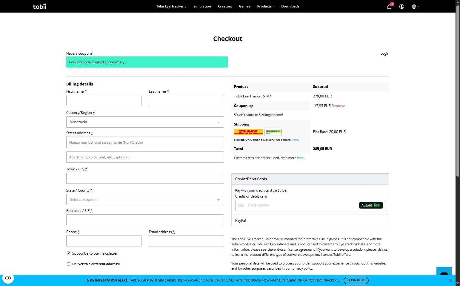 Tobii Gaming checkout page showing Tobii Gaming promo code box | Screenshot taken by SimplyCodes community member on Jan 27, 2026