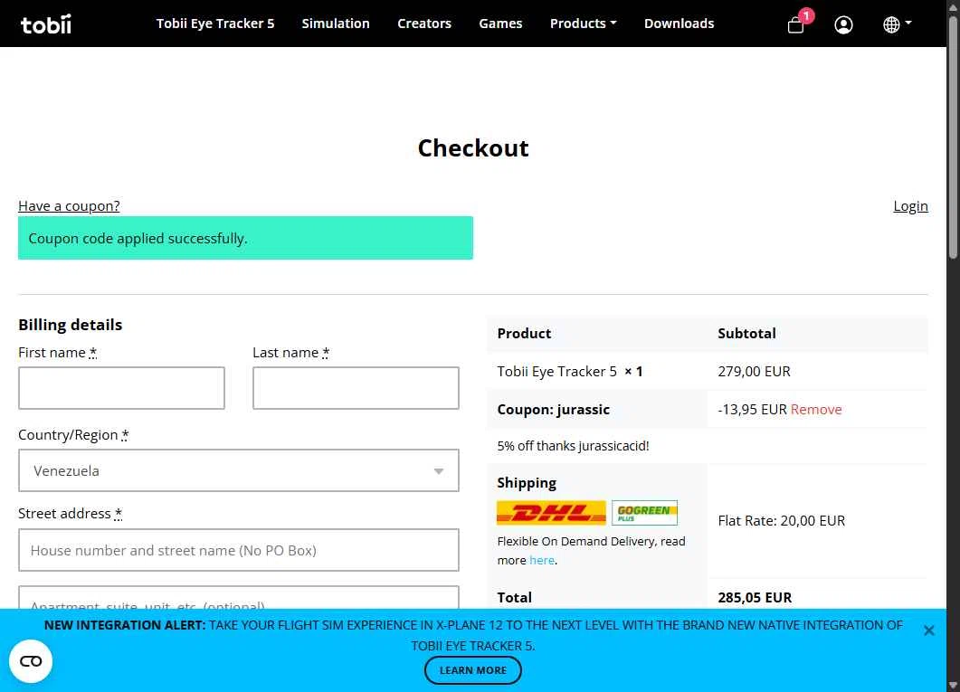 Tobii Gaming checkout page showing Tobii Gaming promo code box | Screenshot taken by SimplyCodes community member on Feb 3, 2026