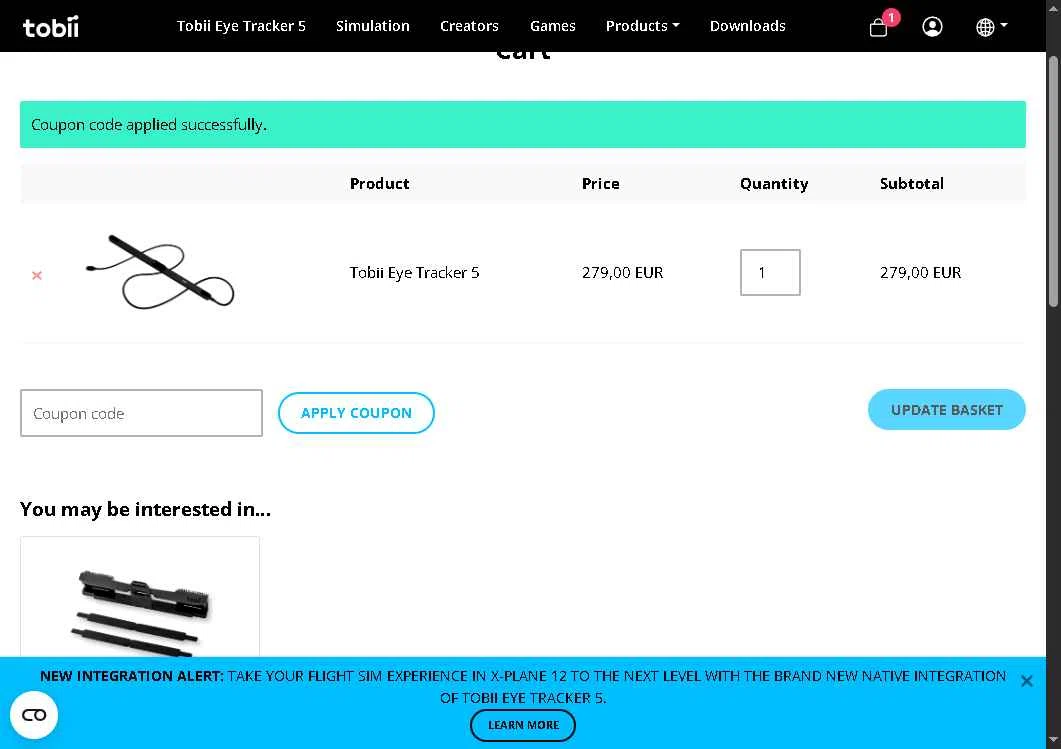 Tobii Gaming checkout page showing Tobii Gaming promo code box | Screenshot taken by SimplyCodes community member on Jan 31, 2026