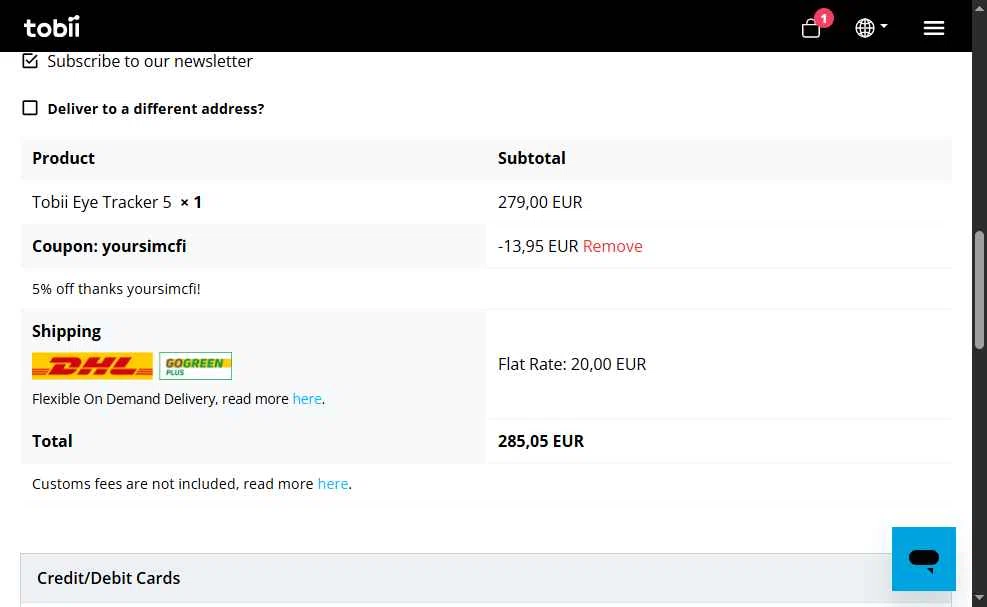 Tobii Gaming checkout page showing Tobii Gaming promo code box | Screenshot taken by SimplyCodes community member on Feb 3, 2026