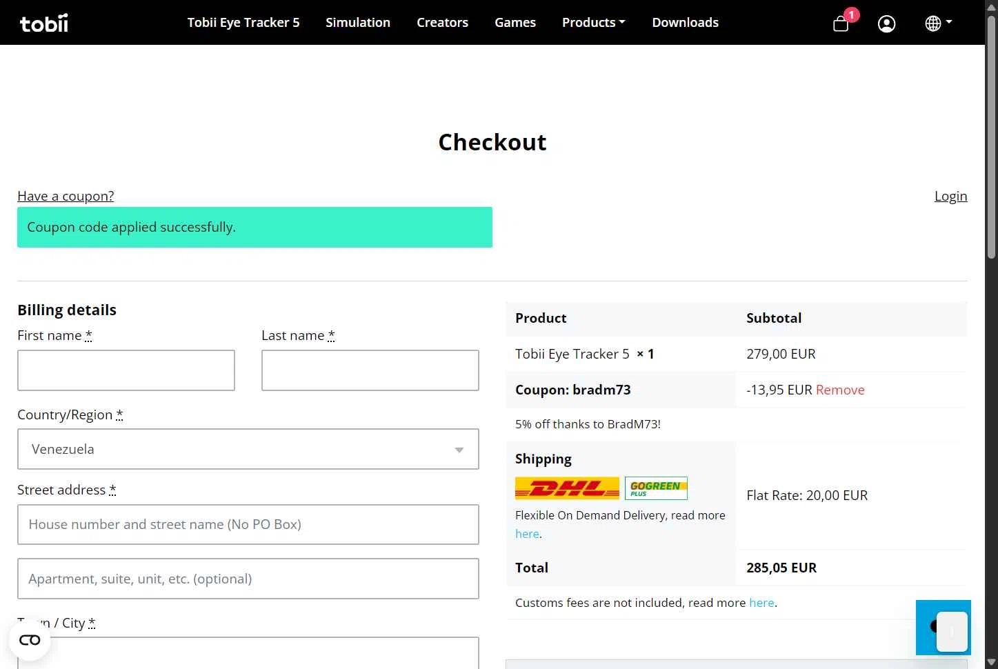 Tobii Gaming checkout page showing Tobii Gaming promo code box | Screenshot taken by SimplyCodes community member on Feb 8, 2026