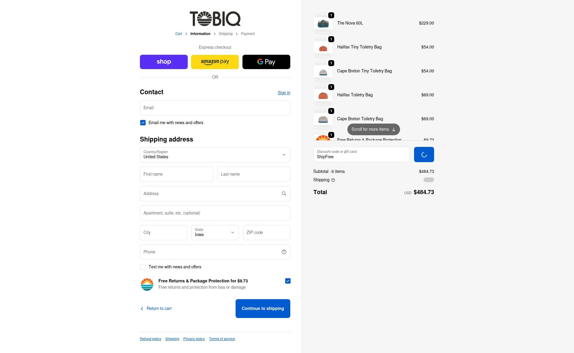 TOBIQ checkout page showing TOBIQ coupon code box | Screenshot taken by SimplyCodes community member on Feb 4, 2026