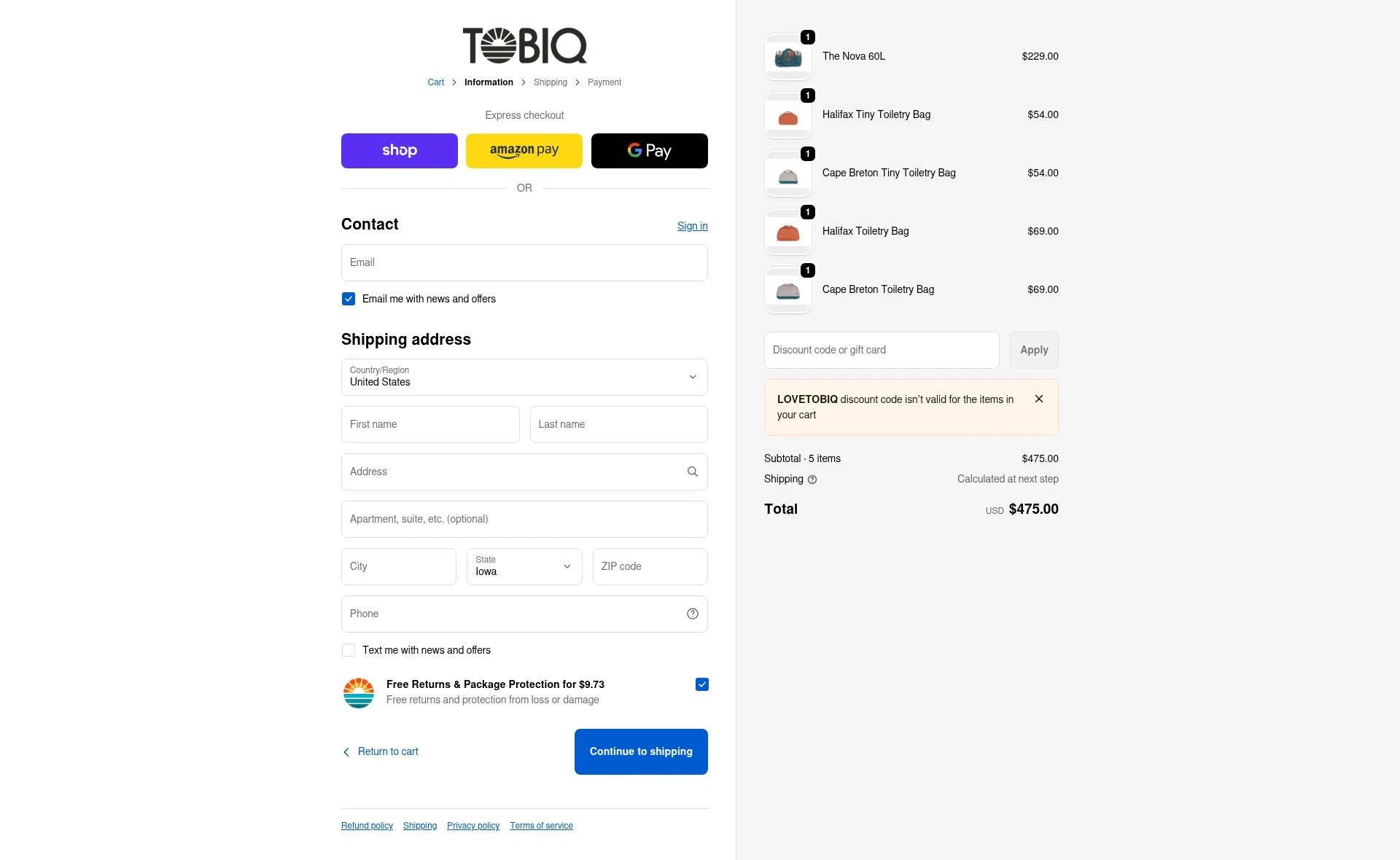 TOBIQ checkout page showing TOBIQ coupon code box | Screenshot taken by SimplyCodes community member on Feb 9, 2026