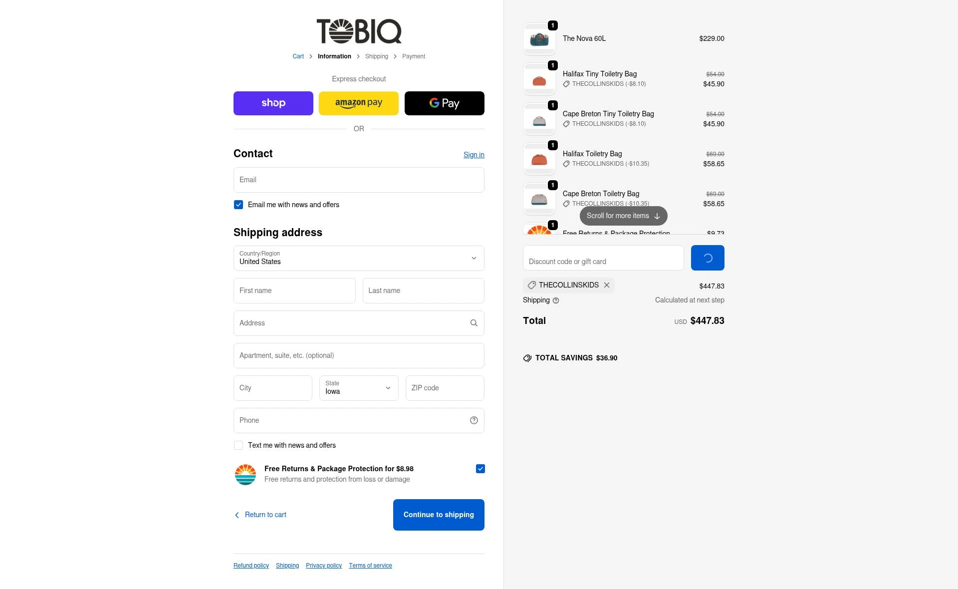 TOBIQ checkout page showing TOBIQ coupon code box | Screenshot taken by SimplyCodes community member on Feb 9, 2026