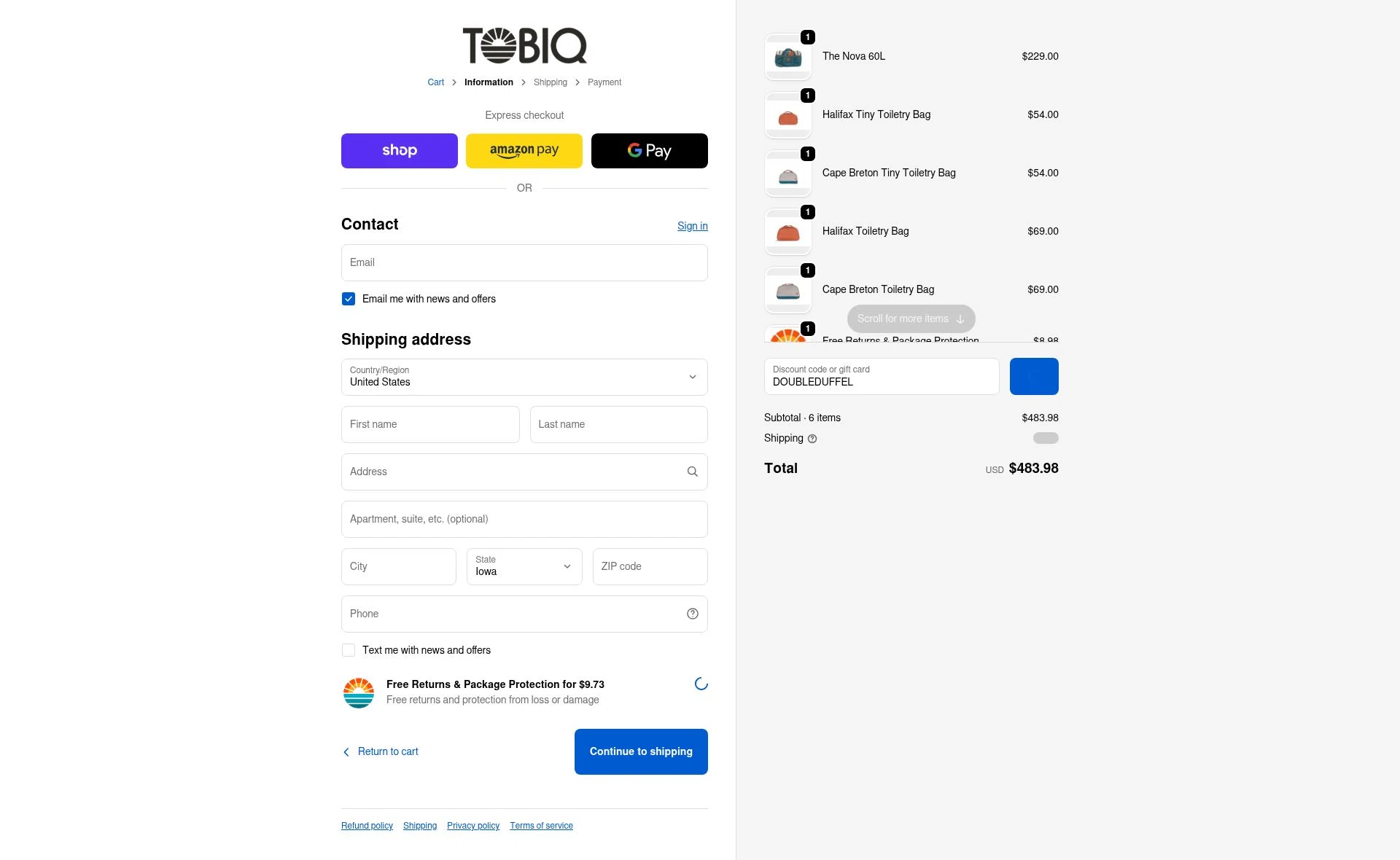 TOBIQ checkout page showing TOBIQ coupon code box | Screenshot taken by SimplyCodes community member on Feb 9, 2026