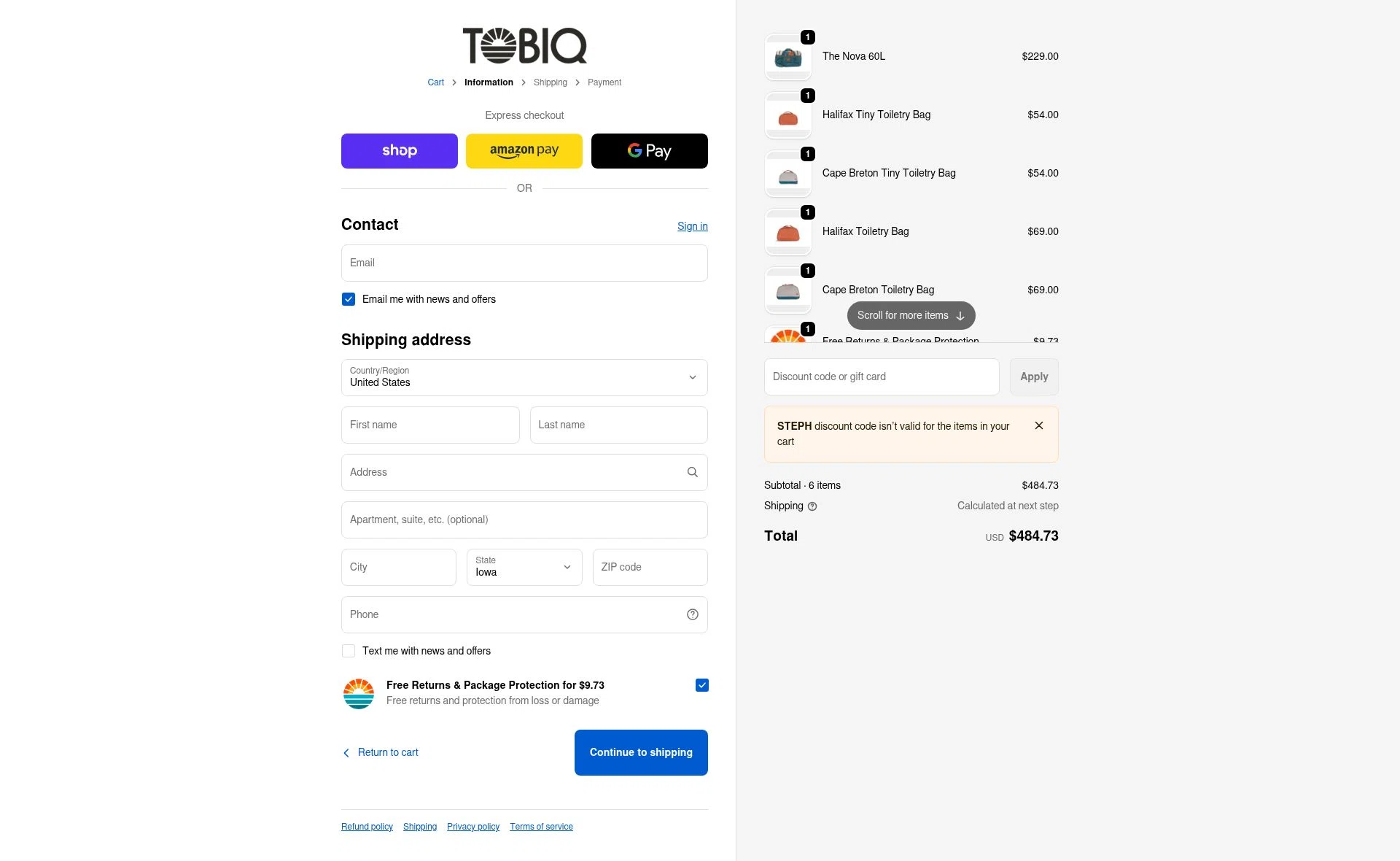 TOBIQ checkout page showing TOBIQ coupon code box | Screenshot taken by SimplyCodes community member on Feb 9, 2026