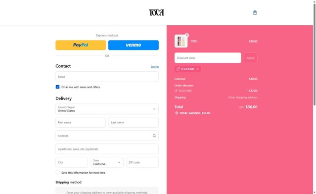TOCA checkout page showing TOCA promo code box | Screenshot taken by SimplyCodes community member on Aug 30, 2025