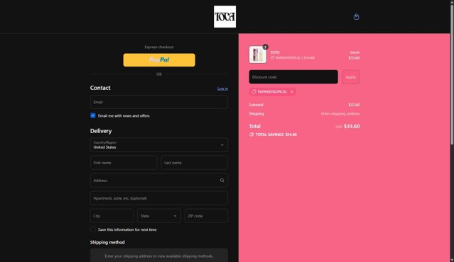 TOCA checkout page showing TOCA promo code box | Screenshot taken by SimplyCodes community member on Aug 27, 2025