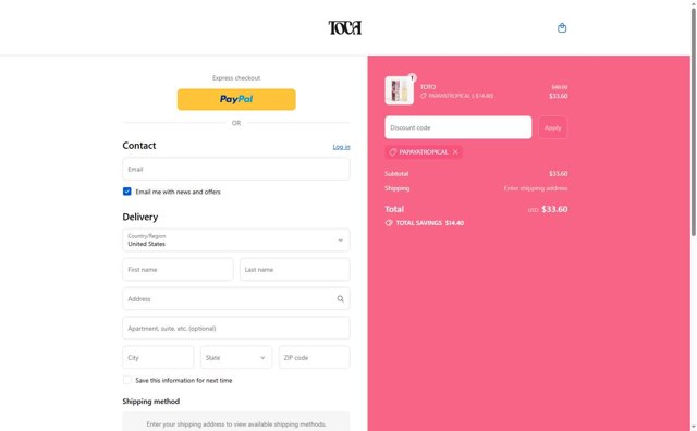 TOCA checkout page showing TOCA promo code box | Screenshot taken by SimplyCodes community member on Sep 1, 2025
