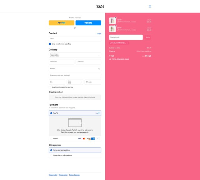 TOCA checkout page showing TOCA promo code box | Screenshot taken by SimplyCodes community member on Aug 27, 2025