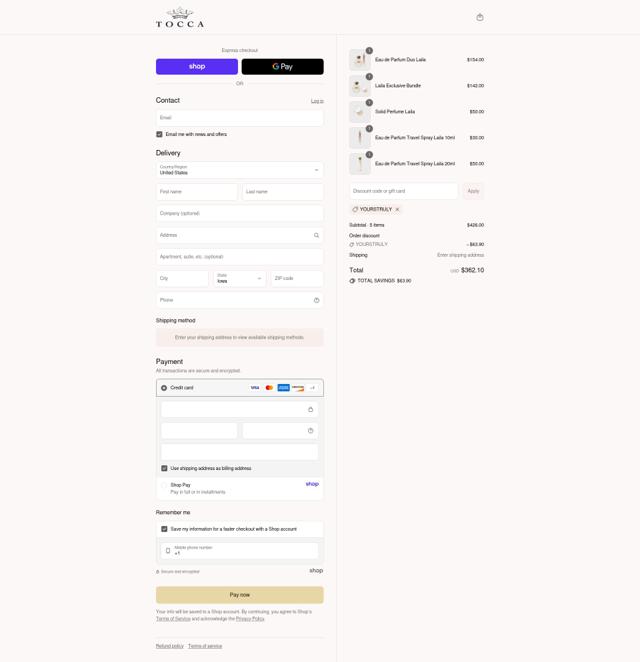 Tocca checkout page showing Tocca discount code box | Screenshot taken by SimplyCodes community member on Sep 8, 2025