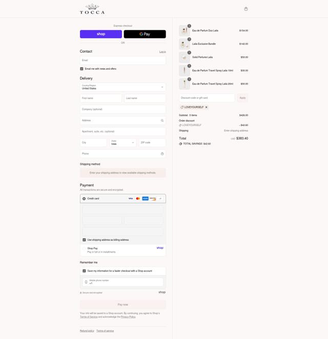 Tocca checkout page showing Tocca discount code box | Screenshot taken by SimplyCodes community member on Sep 8, 2025