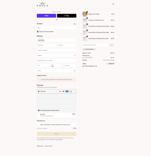 Tocca checkout page showing Tocca discount code box | Screenshot taken by SimplyCodes community member on Aug 30, 2025