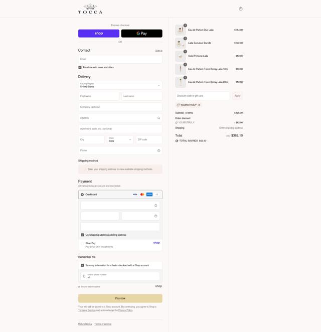 Tocca checkout page showing Tocca discount code box | Screenshot taken by SimplyCodes community member on Sep 12, 2025