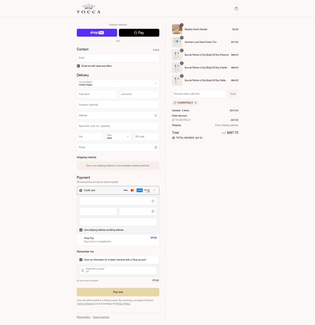 Tocca checkout page showing Tocca discount code box | Screenshot taken by SimplyCodes community member on Aug 27, 2025