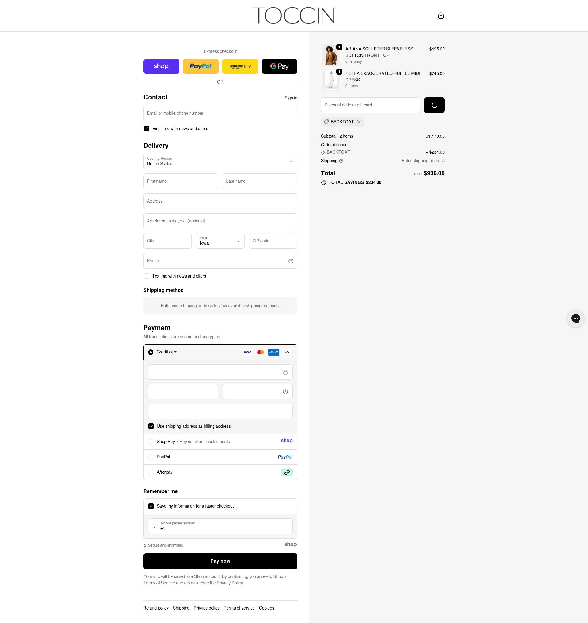 Toccin checkout page showing Toccin promo code box | Screenshot taken by SimplyCodes community member on Dec 22, 2025