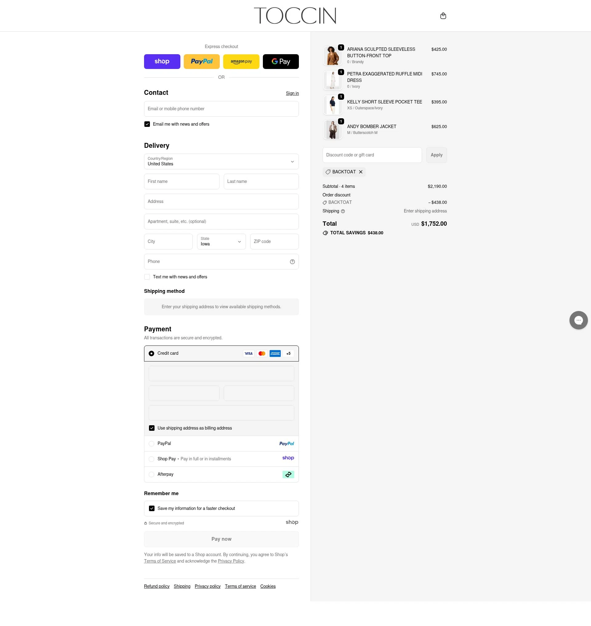 Toccin checkout page showing Toccin promo code box | Screenshot taken by SimplyCodes community member on Dec 15, 2025