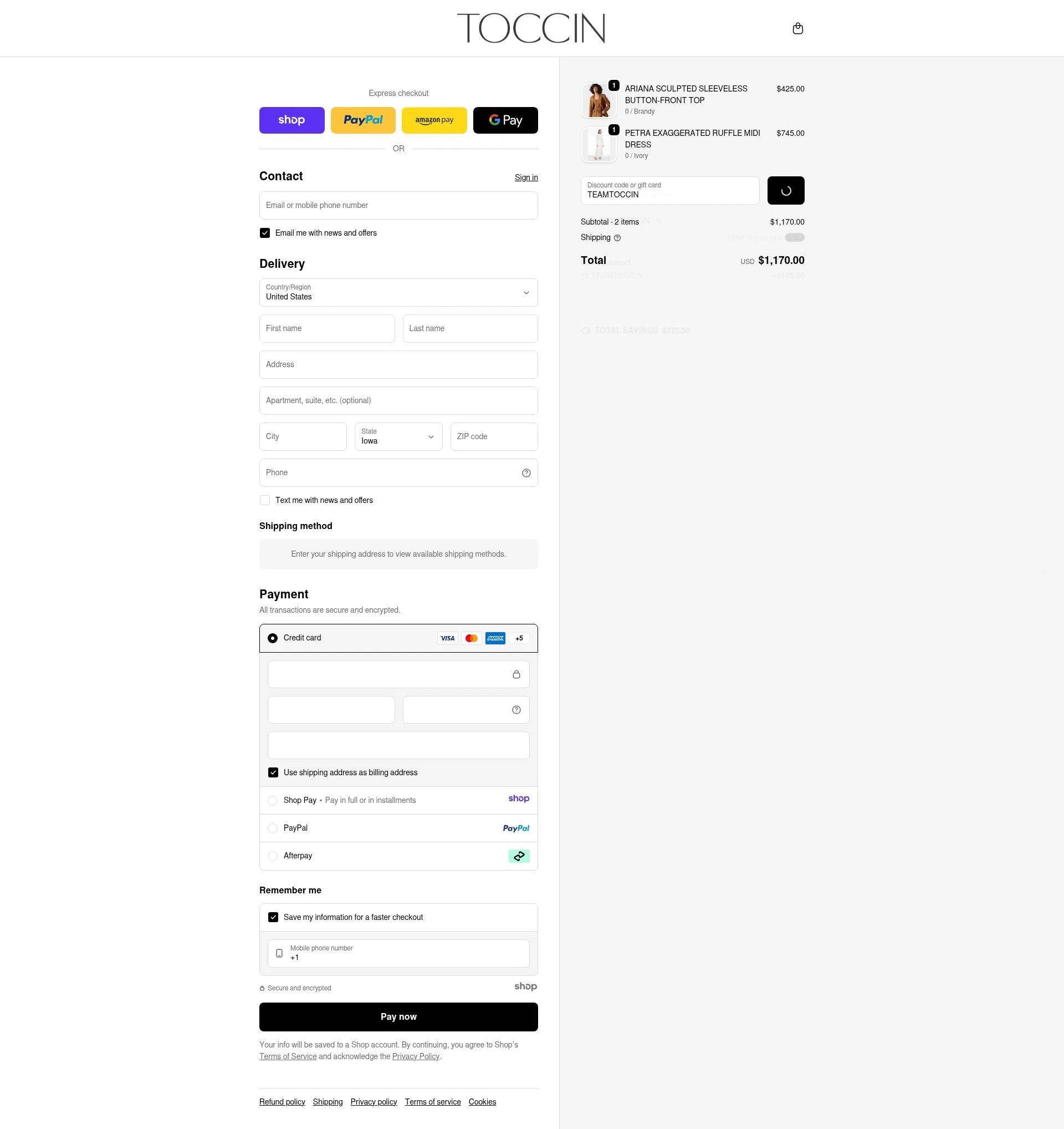 Toccin checkout page showing Toccin promo code box | Screenshot taken by SimplyCodes community member on Dec 22, 2025