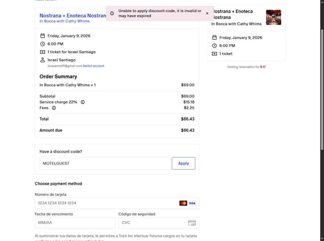 Tock checkout page showing Tock discount code box | Screenshot taken by SimplyCodes community member on Aug 18, 2025
