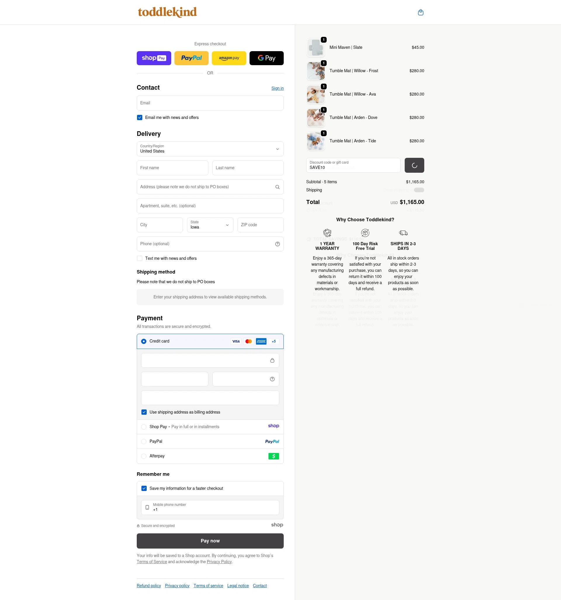 Toddlekind USA checkout page showing Toddlekind USA promo code box | Screenshot taken by SimplyCodes community member on Jan 7, 2026