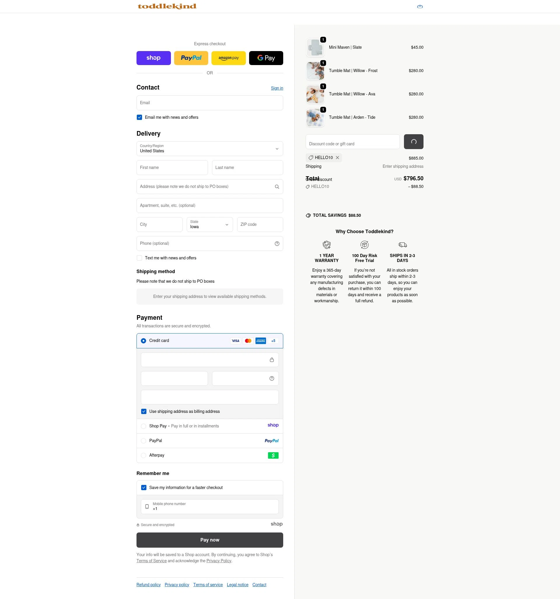 Toddlekind USA checkout page showing Toddlekind USA promo code box | Screenshot taken by SimplyCodes community member on Jan 2, 2026
