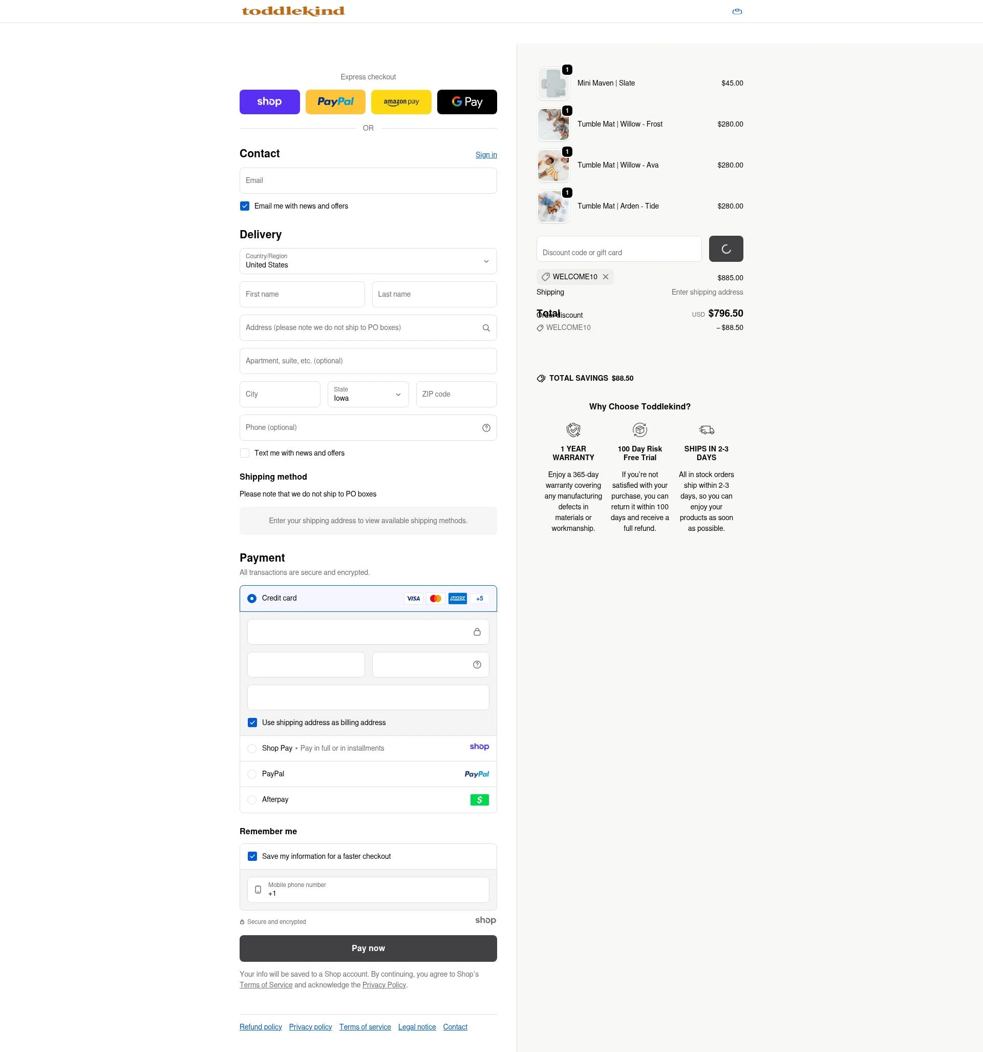Toddlekind USA checkout page showing Toddlekind USA promo code box | Screenshot taken by SimplyCodes community member on Jan 2, 2026