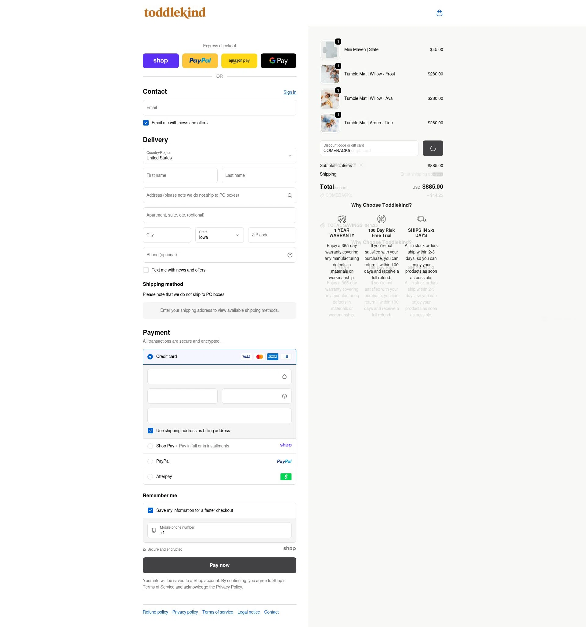 Toddlekind USA checkout page showing Toddlekind USA promo code box | Screenshot taken by SimplyCodes community member on Jan 2, 2026