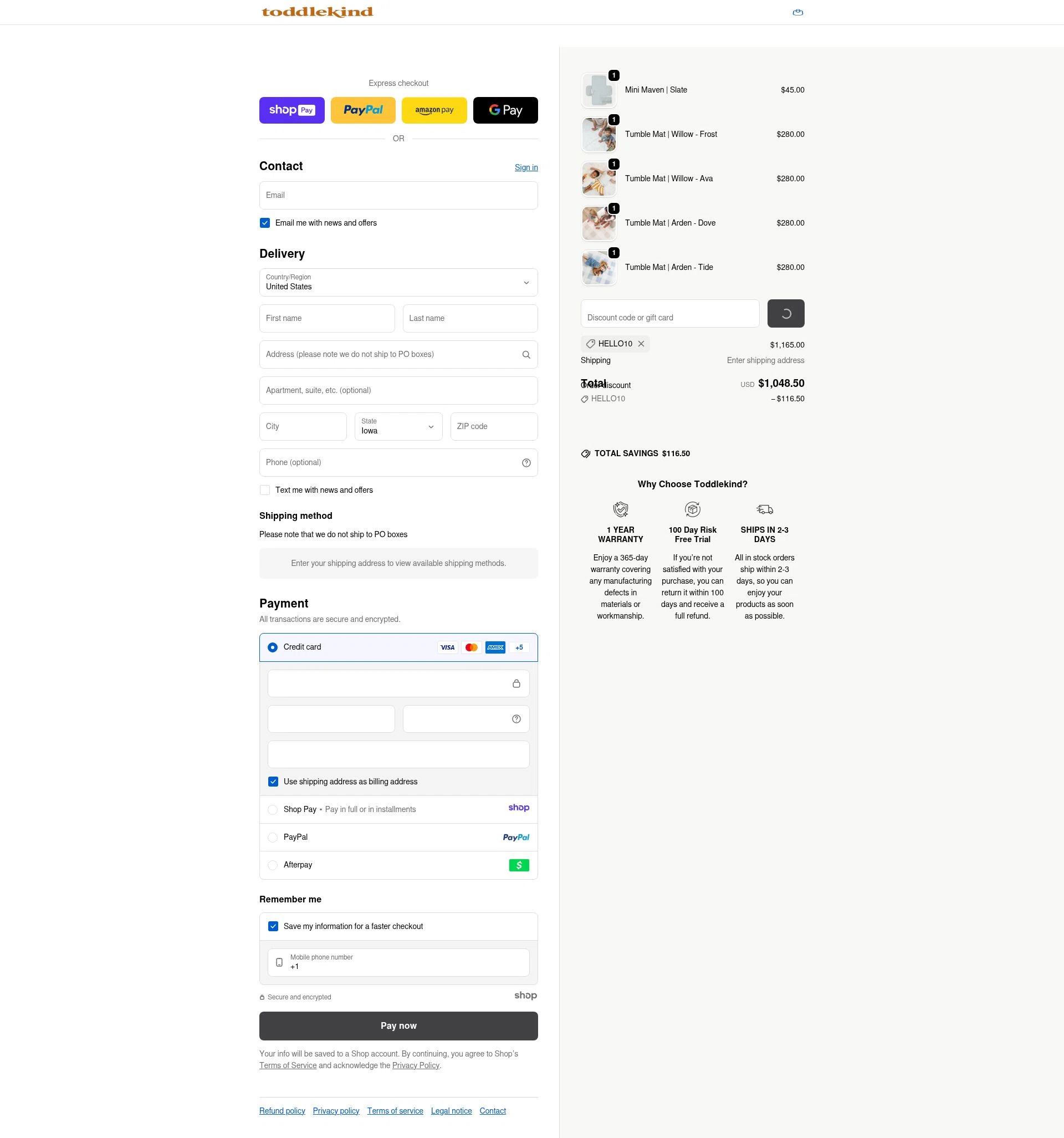Toddlekind USA checkout page showing Toddlekind USA promo code box | Screenshot taken by SimplyCodes community member on Jan 7, 2026