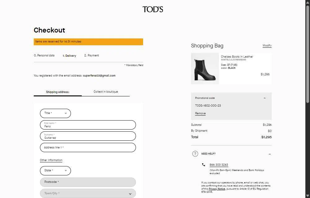 Tod's checkout page showing Tod's promo code box | Screenshot taken by SimplyCodes community member on Dec 1, 2025