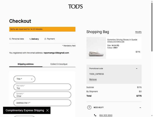Tod's checkout page showing Tod's promo code box | Screenshot taken by SimplyCodes community member on Aug 16, 2025