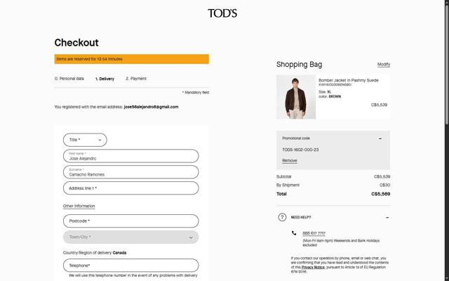 Tod's checkout page showing Tod's promo code box | Screenshot taken by SimplyCodes community member on Sep 10, 2025