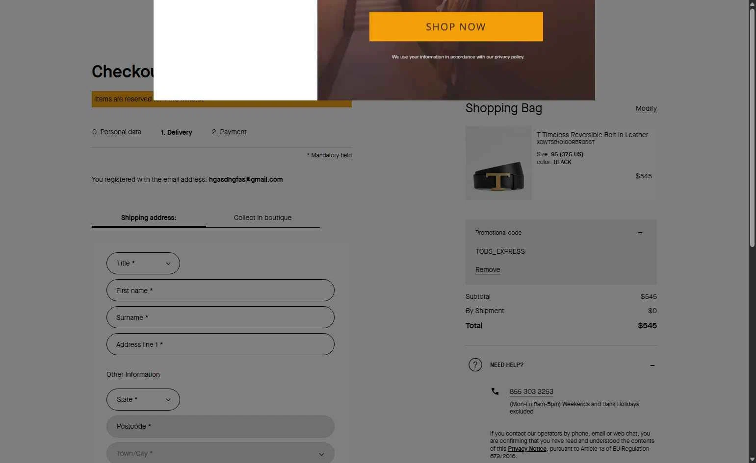 Tod's checkout page showing Tod's promo code box | Screenshot taken by SimplyCodes community member on Jan 25, 2026