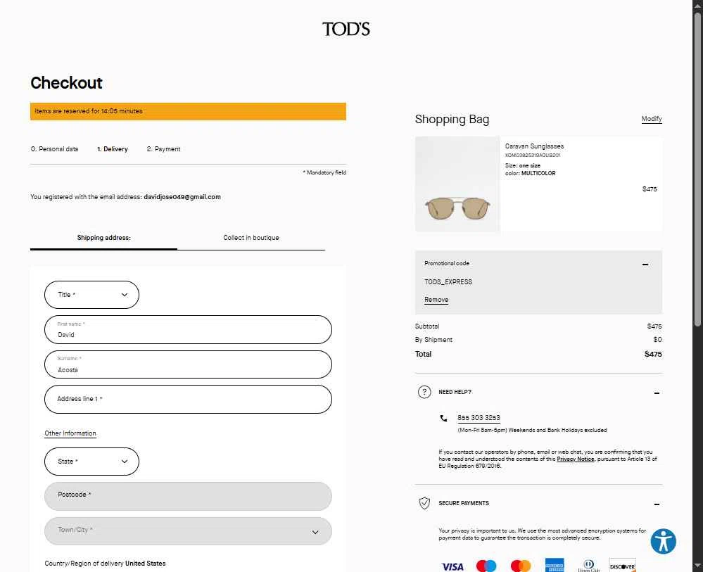 Tod's checkout page showing Tod's promo code box | Screenshot taken by SimplyCodes community member on Nov 8, 2025