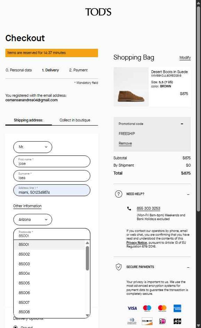 Tod's checkout page showing Tod's promo code box | Screenshot taken by SimplyCodes community member on Jul 8, 2025