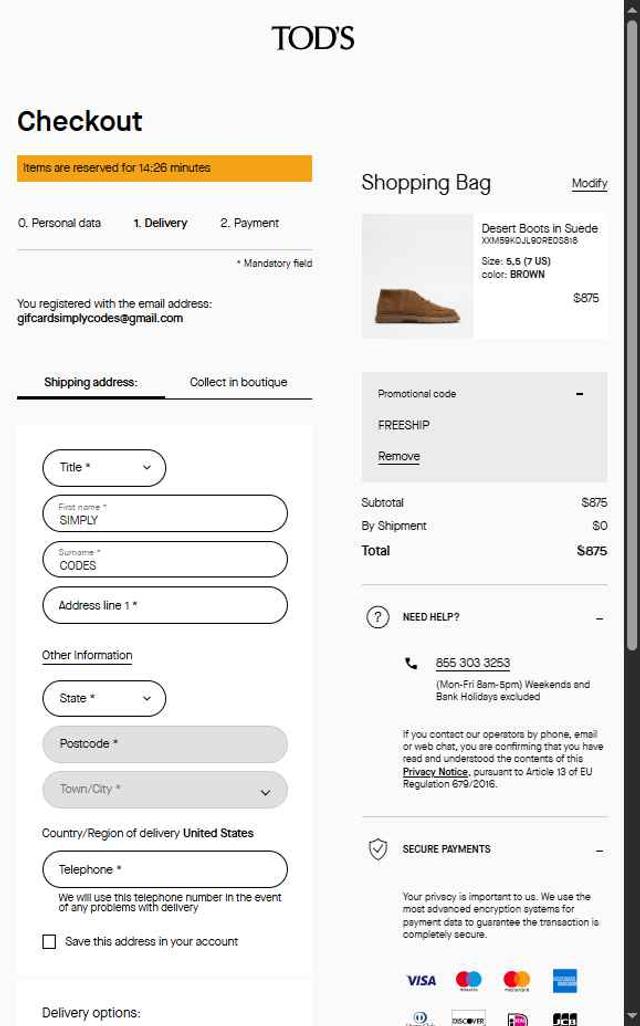 Tod's checkout page showing Tod's promo code box | Screenshot taken by SimplyCodes community member on Jul 8, 2025